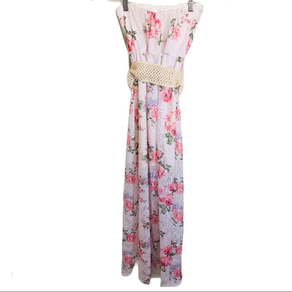 ARDENE Strapless Bandeau Fit Floral Maxi Dress With Belt Ivory/Pink Size Small - Picture 11 of 13